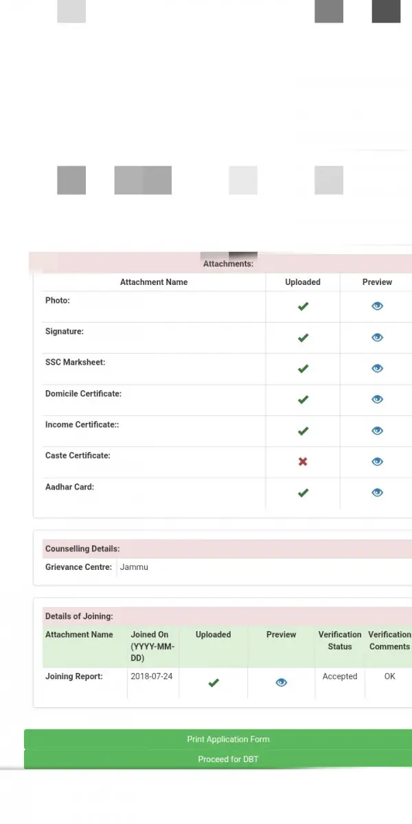 pmsss student joining report , dbt status photo