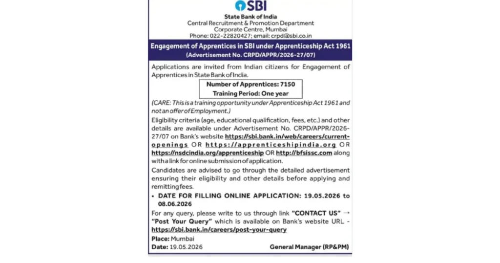 SBI Apprentice Recruitment 2026 Apply Online